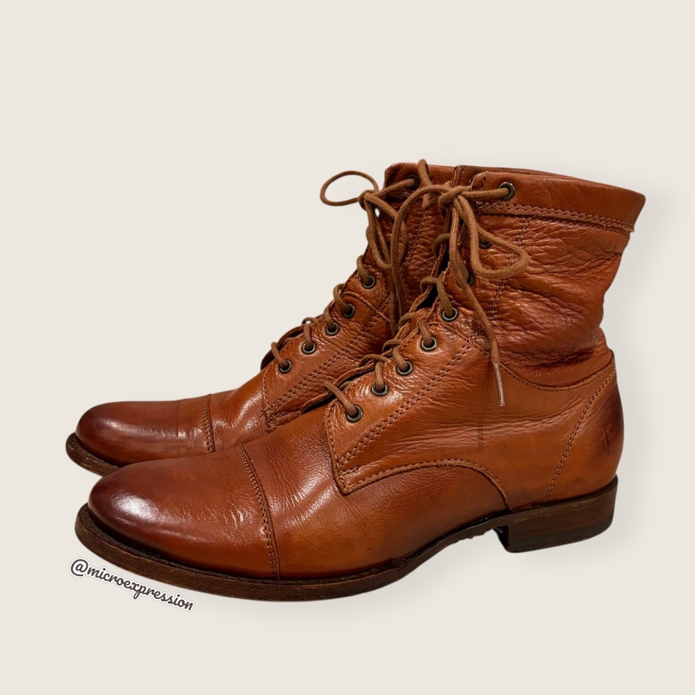 Frye Erin Lug Work Lace Up Combat Cognac Brown Leather Winter Fall Ankle Boot - Picture 10 of 15